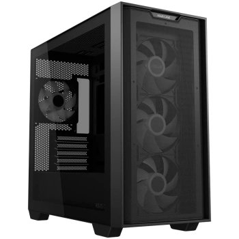 ASUS A21 PLUS Tempered Glass microATX case Black, support for hidden-connector motherboards, 360 mm radiators and 380 mm graphics cards, four pre-installed ARGB fans and clean cable management