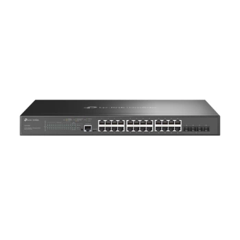 TP-Link SG3428MP Omada 28-Port Gigabit L2+ Managed Switch with 24× Gigabit 802.3af/at PoE+ ports and 4× Gigabit SFP slots, 384 W total PoE budget, Omada app, Static Routing, VLAN, ACL, QoS, IGMP Snooping, OAM, and DDM, ERPS, Zero-Touch Provisioning