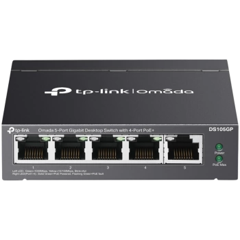 Omada 5-Port Gigabit Desktop Switch with  4-Port PoE+  PORT: 4× Gigabit PoE+ Ports, 1× Gigabit Non-PoE Port SPEC: 802.3af/at, 65 W PoE Power, Desktop Steel Case FEATURE: Plug and Play