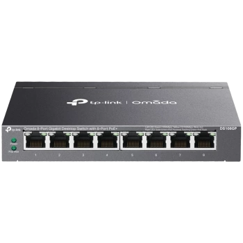 Omada 8-Port Gigabit Desktop Switch with  8-Port PoE+  8× Gigabit PoE+ Ports 802.3af/at, 64 W PoE Power, Desktop Steel Case Plug and Play