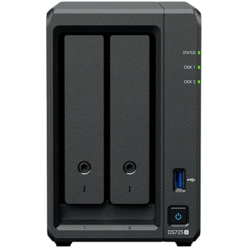 Synology DS725+, Tower, 2-Bays 3.5'' SATA HDD/SSD, 2 x M.2 2280 NVMe SSD, CPU AMD Ryzen R1600 dual-core (4-thread), max. boost up to 3.1 GHz, 4 GB DDR4 ECC SODIMM, 1 x 2.5 GbE, 1 x 1GbE, 1 x USB 3.2, 1 x eSATA USB-C, 1.51 kg, 3y