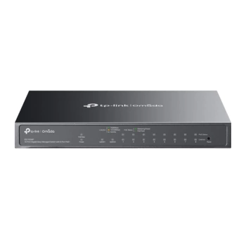 Omada 10-Port Gigabit Easy Managed Switch with 8-Port PoE+ 8× Gigabit PoE+ Ports, 1x Gigabit Non-PoE Ports, 1× Combo Gigabit RJ45/SFP Port 802.3at/af, 123 W PoE Power,  Desktop Steel Case and Fanless Integration with Omada SDN Controller