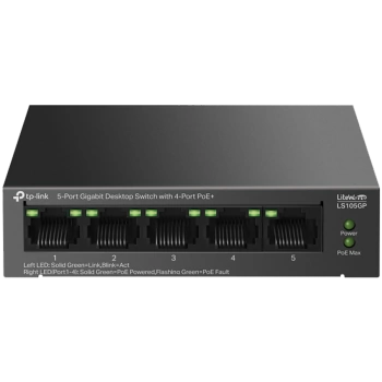 TP-Link LS105GP 5-Port Gigabit Desktop Switch with  4-Port PoE+, 4x Gigabit PoE+ Ports, 1x Gigabit Non-PoE Port, 802.3af/at, 65 W PoE Power, Desktop Steel Case, Extend Mode for 250m PoE Transmitting, PoE Auto Recovery, Plug and Play