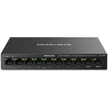 Mercusys MS110CMP 10-Port 10/100Mbps Desktop Switch with 8-Port PoE+, 8 x 10/100 Mbps PoE+ Ports, 2 x Gigabit non-PoE Ports, 115 W PoE Power, Increases PoE transmission distance to 250m by Extend Mode, PoE Auto Recovery, Isolation mode, Metal casing