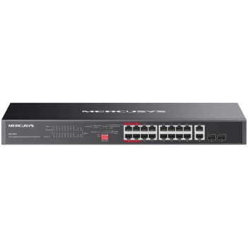 Mercusys MS120GP 20-Port Gigabit Rackmount Switch with 16-Port PoE+, 16x Gigabit PoE+ RJ45 ports, 2x Gigabit non-PoE RJ45 ports, and 2x Gigabit SFP slots, 192W PoE Power, Priority mode, Isolation Mode, PoE Auto Recovery, Plug and Play