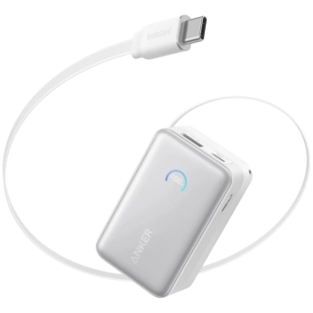 Anker Nano Power Bank (10K, 45W, Built-In Retractable USB-C Cable) White, Smart Display, 70 cm Retractable USB-C Cable, 1x USB-A, 1x USB-C