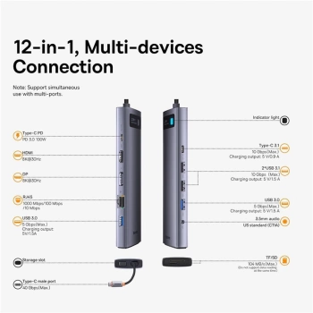 Adapter BASEUS HUB 12in1 Type C 0,2 m sivi