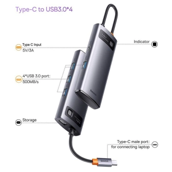 Adapter BASEUS HUB 4in1 Type C 0,17 m sivi