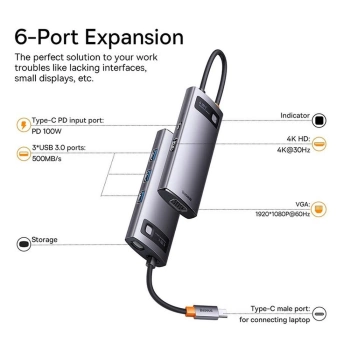 Adapter BASEUS HUB 6in1 Type C 0,15 m sivi