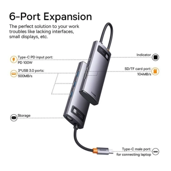 Adapter BASEUS HUB 6in1 Type C 0,15 m sivi