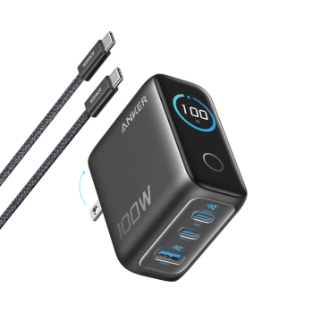 Anker Charger (100W, 3 Ports, Smart Display) Gray