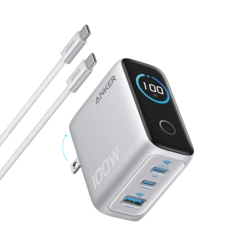 Anker Charger (100W, 3 Ports, Smart Display) Silver