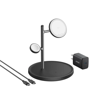 Anker MagGo Wireless Charging Station (15W, 3-in-1 Stand) with cable and charger bundle