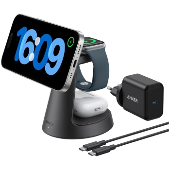 Anker MagGo Wireless Charging Station (3-in-1, Dock Stand) cable and charger bundle Black