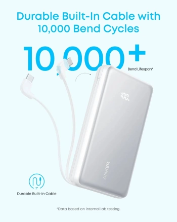 Anker Zolo Power Bank (20K, 22.5W, Built-In USB-C Cable) White 1x USB-A, 2x USB-C