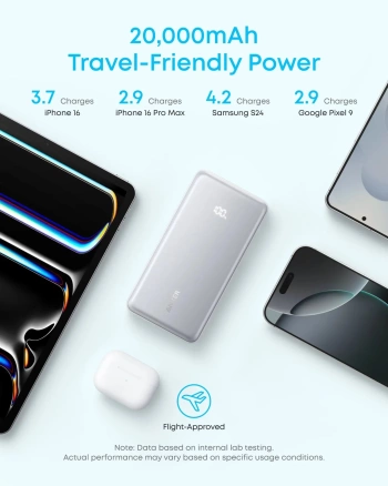 Anker Zolo Power Bank (20K, 22.5W, Built-In USB-C Cable) White 1x USB-A, 2x USB-C