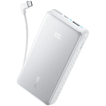 Anker Zolo Power Bank (20K, 22.5W, Built-In USB-C Cable) White 1x USB-A, 2x USB-C