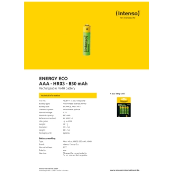 (Intenso) Baterija punjiva AAA / HR03, 850 mAh, blister 4 kom - AAA / HR03/850
