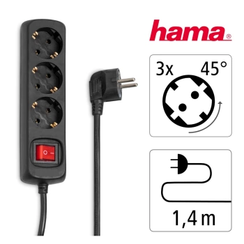 PRODUŽNI KABL HAMA, CRNI, 3 UTIČNICE, 1,4M