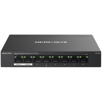 Mercusys MS108GP 8-Port Gigabit Desktop Switch with 7-Port PoE+, 7× Gigabit PoE+ Ports, 1× Gigabit Non-PoE Ports, Compatible with 802.3af/at PDs, 65 W PoE Power, Desktop Steel Case, Wall Mounting,Extend Mode for 250m PoE Transmitting, Isolation Mode
