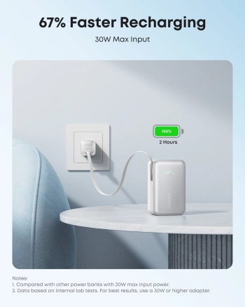 Anker Nano Power Bank (10K, 45W, Built-In Retractable USB-C Cable) White, Smart Display, 70 cm Retractable USB-C Cable, 1x USB-A, 1x USB-C