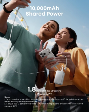 Anker Nano Power Bank (10K, 45W, Built-In Retractable USB-C Cable) White, Smart Display, 70 cm Retractable USB-C Cable, 1x USB-A, 1x USB-C