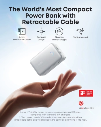 Anker Nano Power Bank (10K, 45W, Built-In Retractable USB-C Cable) White, Smart Display, 70 cm Retractable USB-C Cable, 1x USB-A, 1x USB-C