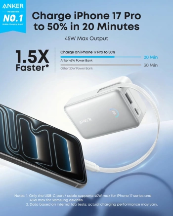 Anker Nano Power Bank (10K, 45W, Built-In Retractable USB-C Cable) White, Smart Display, 70 cm Retractable USB-C Cable, 1x USB-A, 1x USB-C