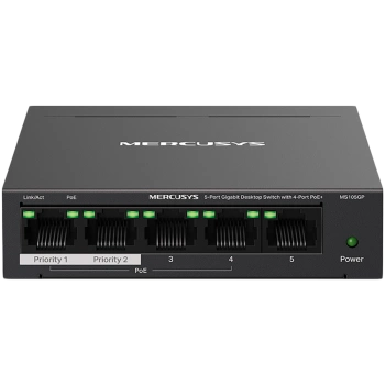 Mercusys MS105GP 5-Port Gigabit Desktop Switch with 4-Port PoE+, 4×Gigabit PoE+ Ports, 1×Gigabit Non-PoE Port, 65 W PoE Power, Desktop Steel Case, Wall Mounting, Extend Mode for 250m PoE Transmit,Isolation Mode,Silent Operation,Port Prioritization