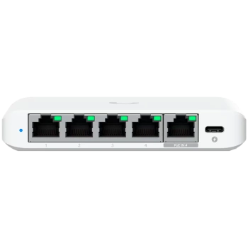 Ubiquiti 5-port 2.5G switch that can be powered with PoE or a USB-C adapter; 4x 2.5 GbE ports, 2.5 GbE PoE input port for power