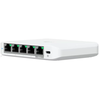 Ubiquiti 5-port 2.5G switch that can be powered with PoE or a USB-C adapter; 4x 2.5 GbE ports, 2.5 GbE PoE input port for power