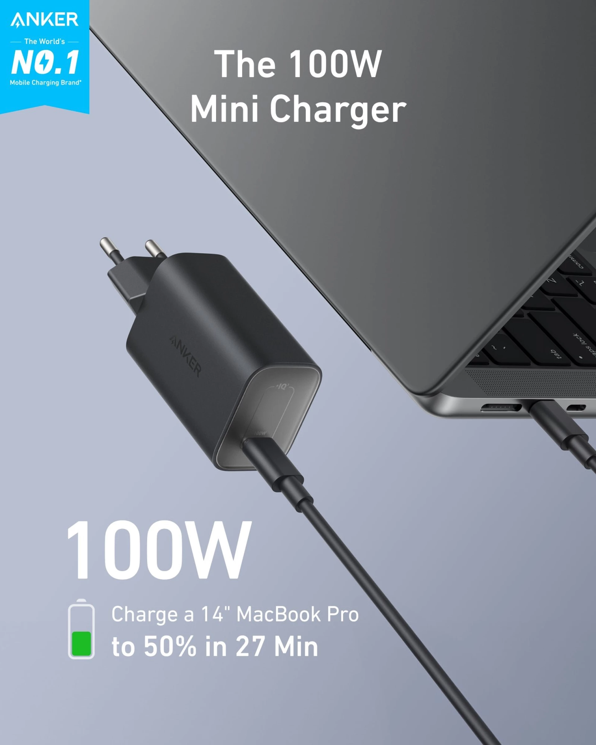 Punjač Anker Nano Charger 100W + USB-C Cable 1.8m crni