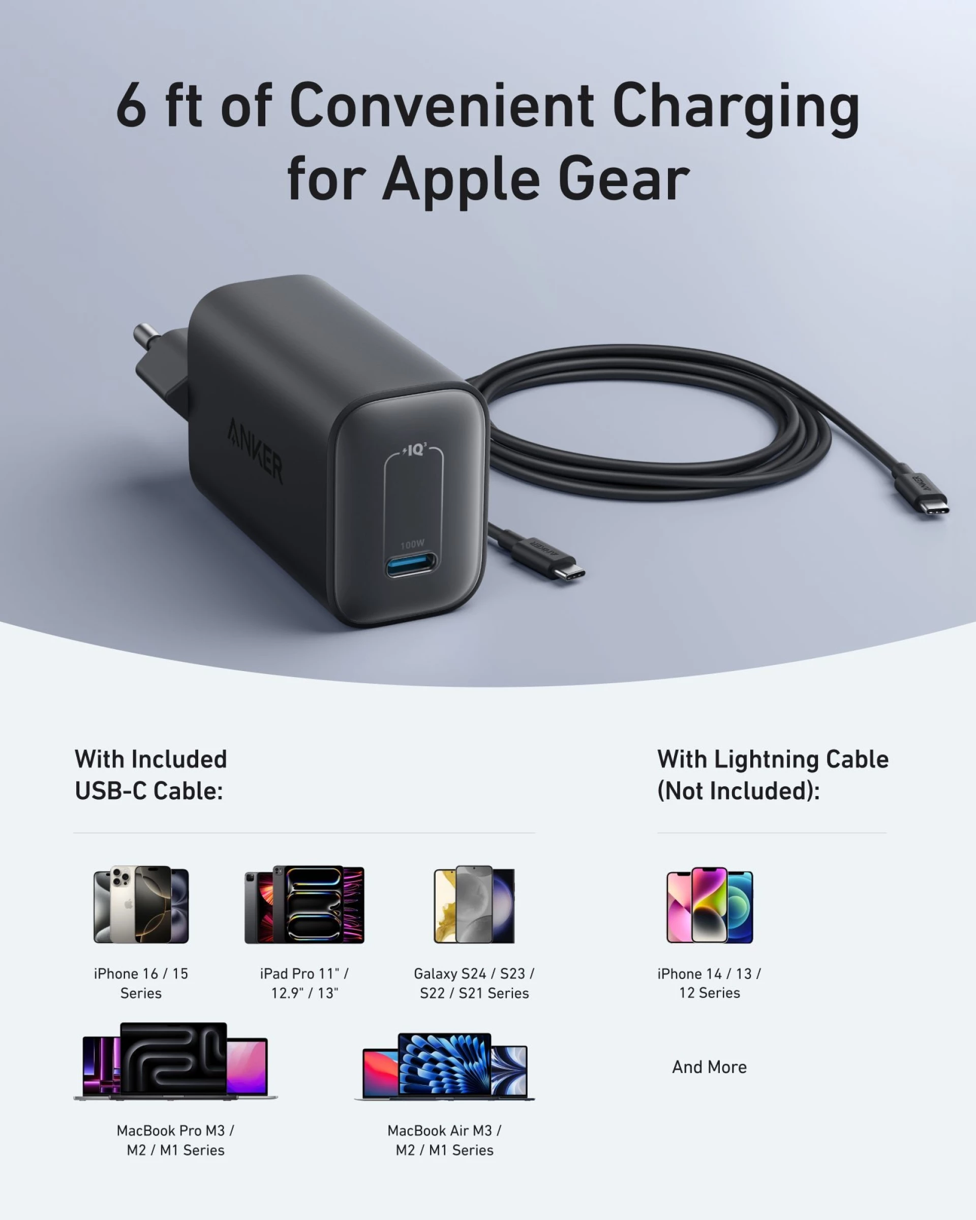 Punjač Anker Nano Charger 100W + USB-C Cable 1.8m crni