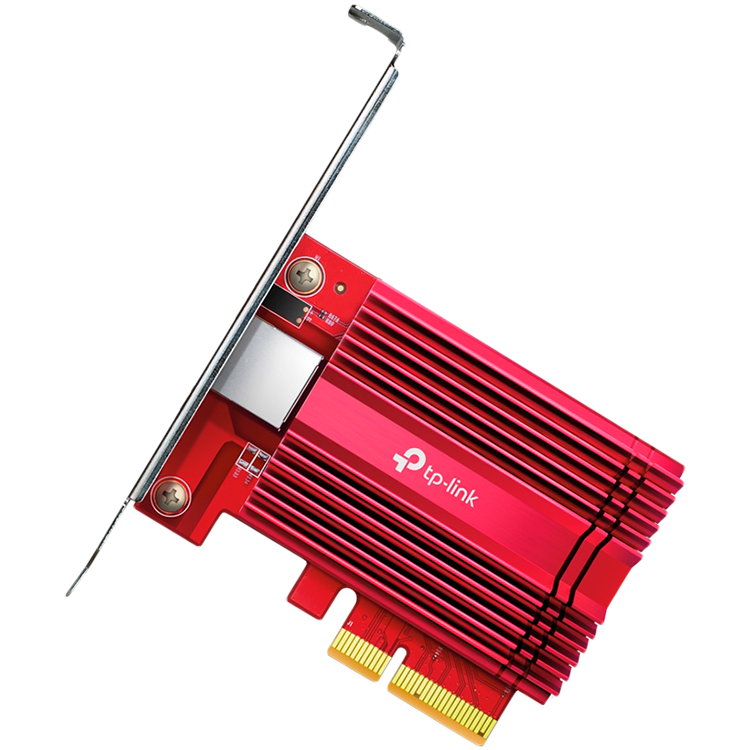 TPLink 10 Gigabit PCI Express Network Adapter, 1× PCI Express 3.0 x4, 1× RJ45 Gigabit/Megabit Port, 10 Gbps, 5 Gbps, 2.5 Gbps, 1 Gbps, and 100 Mbps Base-T connectivity; 1.5 m CAT6A Ethernet Cable, Standard/Low-Profile Brackets