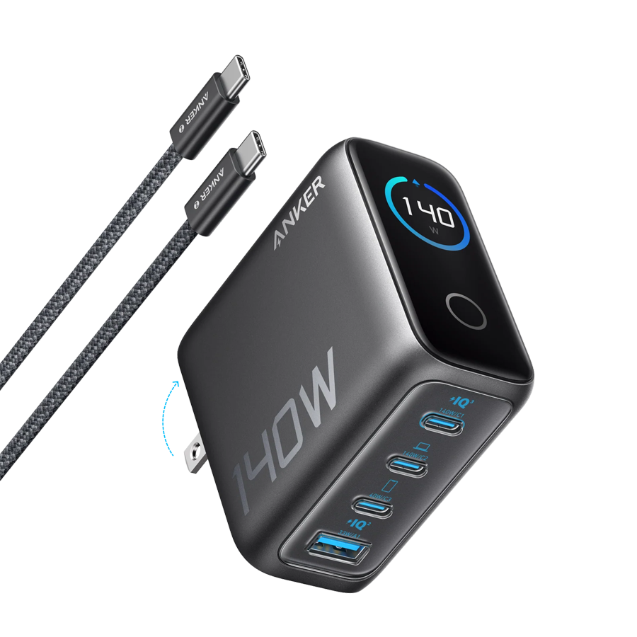 Anker Charger (140W, 4-Port, PD 3.1) with USB-C Cable Gray