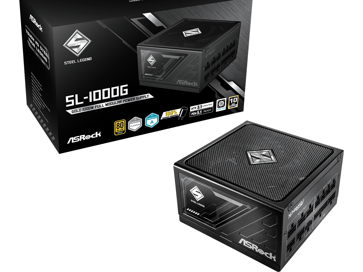 ASROCK PSU 1000W Gold Steel LFully Modular,80PLUS,135mm fanATX 3.1. PCIe 5.1, Japanese Capacitors